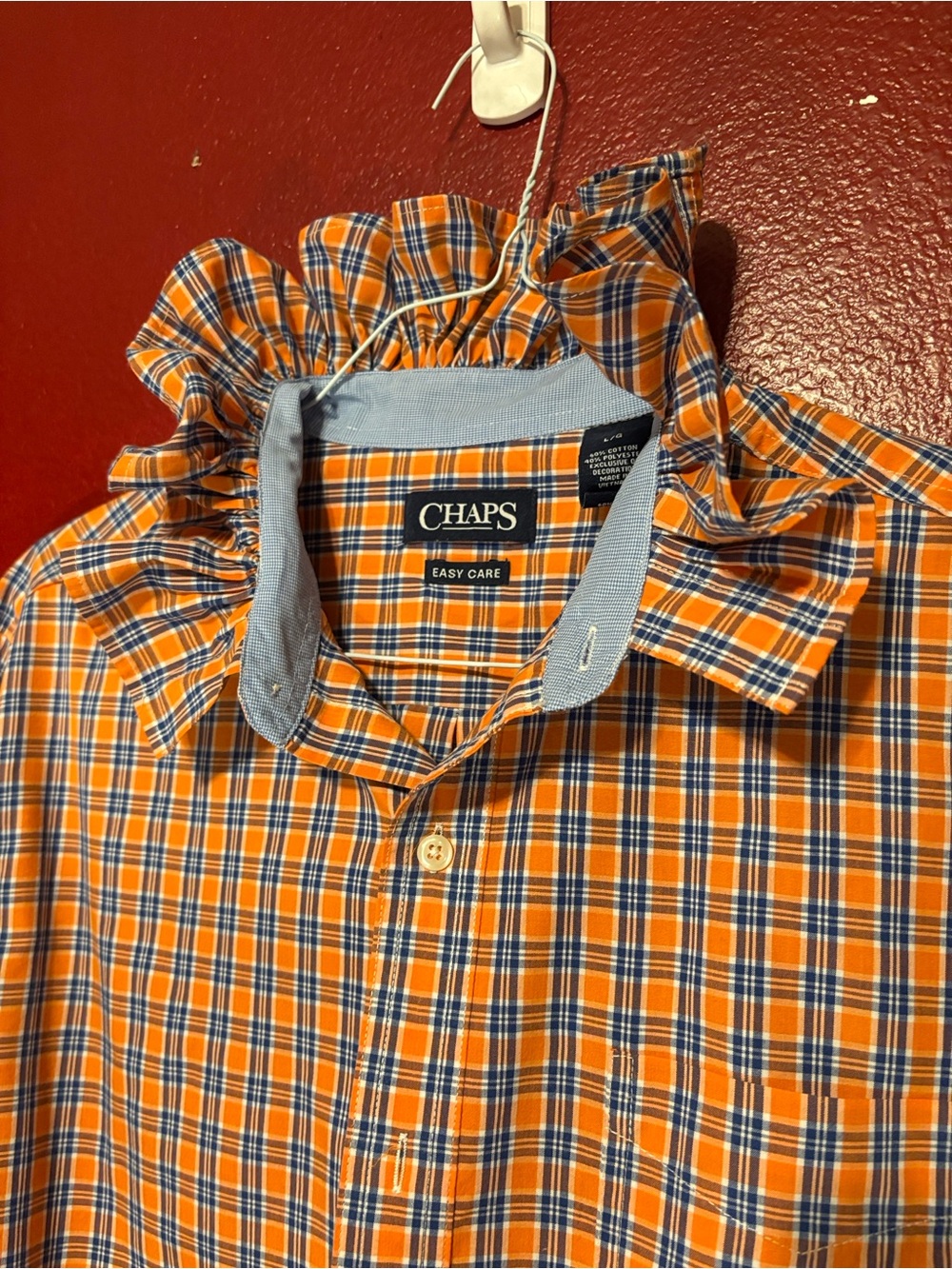Upcycled/Reloved CHAPS Orange Plaid Shirt Ruffle Collar